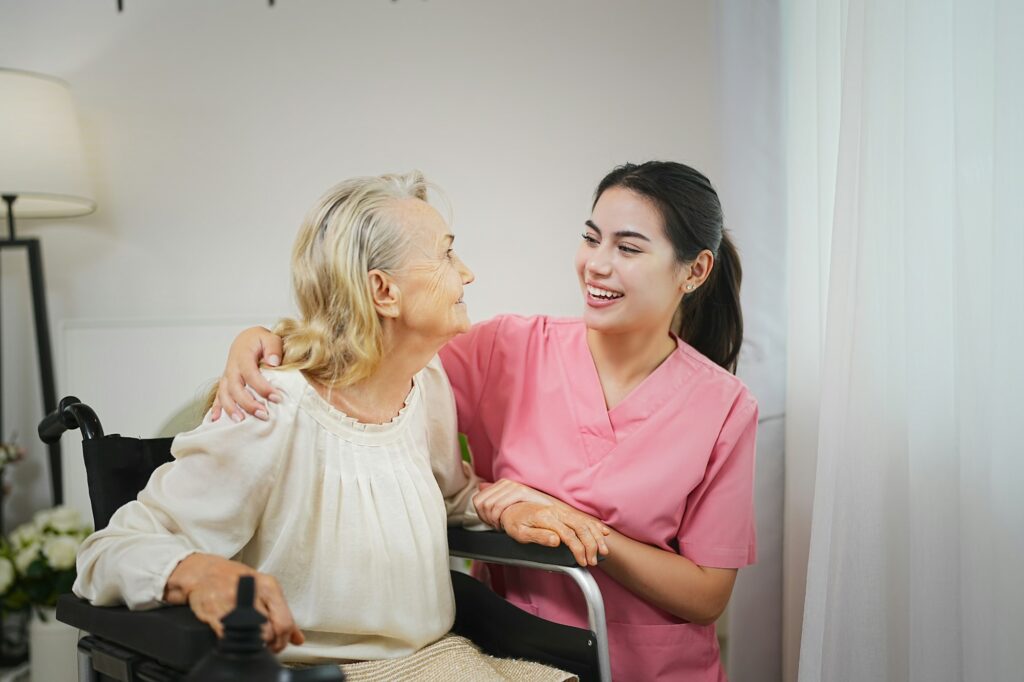 Young woman or nurse home are give support empathy to elderly people in assisted living homecare.